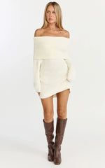 Erin Mini Dress - Cable Knit Off Shoulder Long Sleeve Dress in Cream
