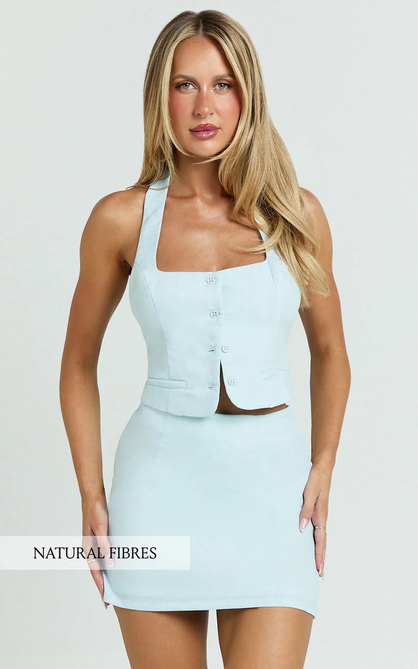 Hera Two Piece Set - Linen Square Neck Halter Vest Top And Mini Skirt Set in Blue