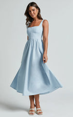 Linen Look Square A Line Dress in Blue