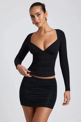 Modal Ruched Long Sleeve Top in Black