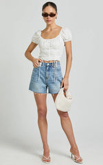 Valerie Top - Puff Sleeve Ruched Button Front Tie Hem Top in White