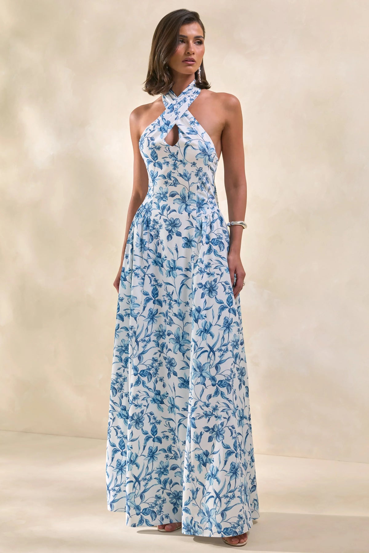 Liana | Blue Porcelain Print Halter-Neck Maxi Dress