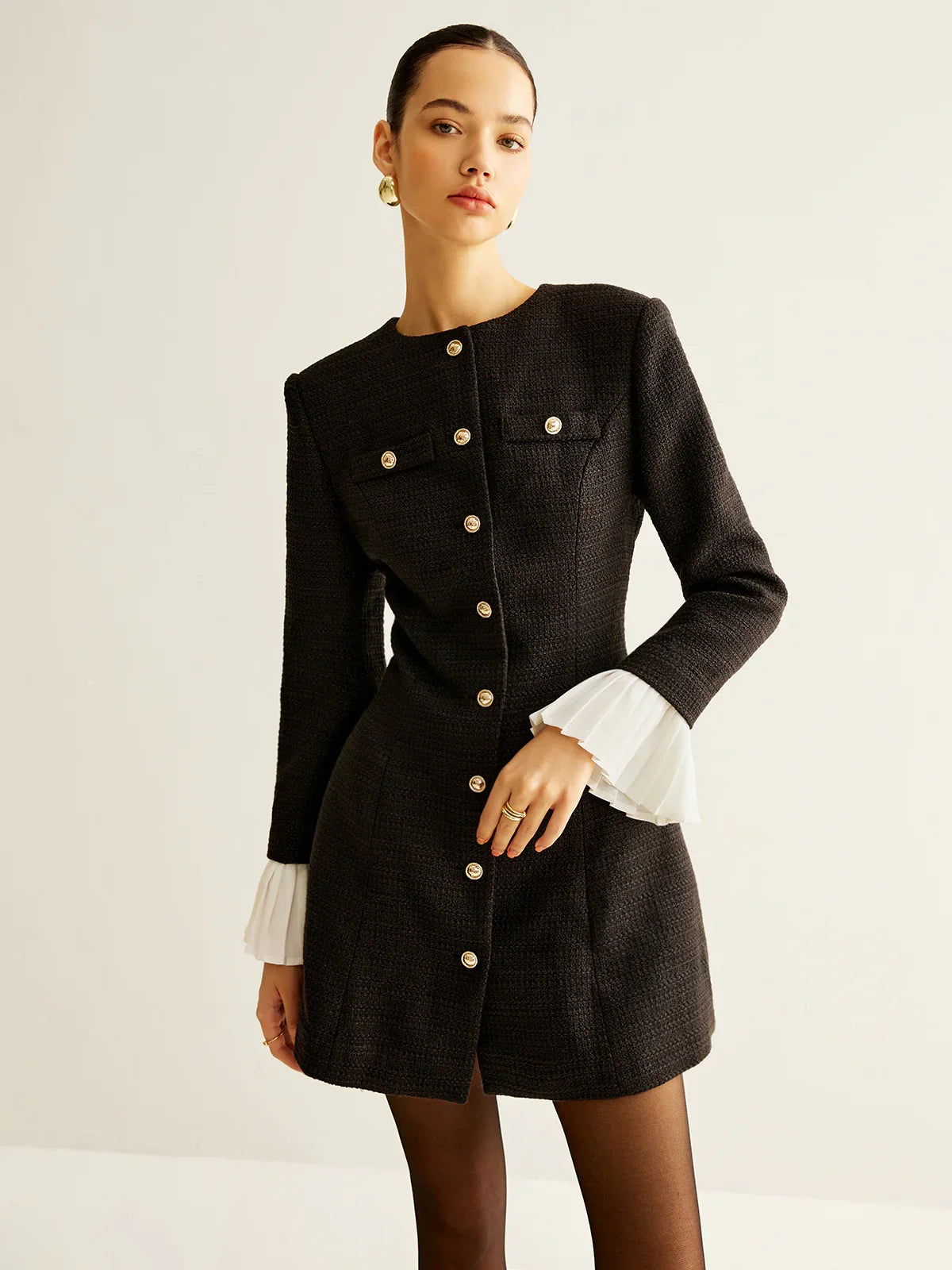 Pleated-Cuff Tweed Breasted Dress