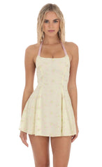 Halter Floral Embroidered Open Back Dress in Yellow