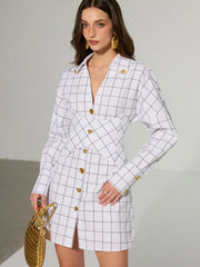 Metal Button Checked Cotton Shirt Dress
