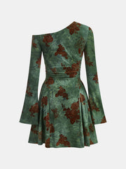 Flocked Floral Print One-Shoulder Mini Dress