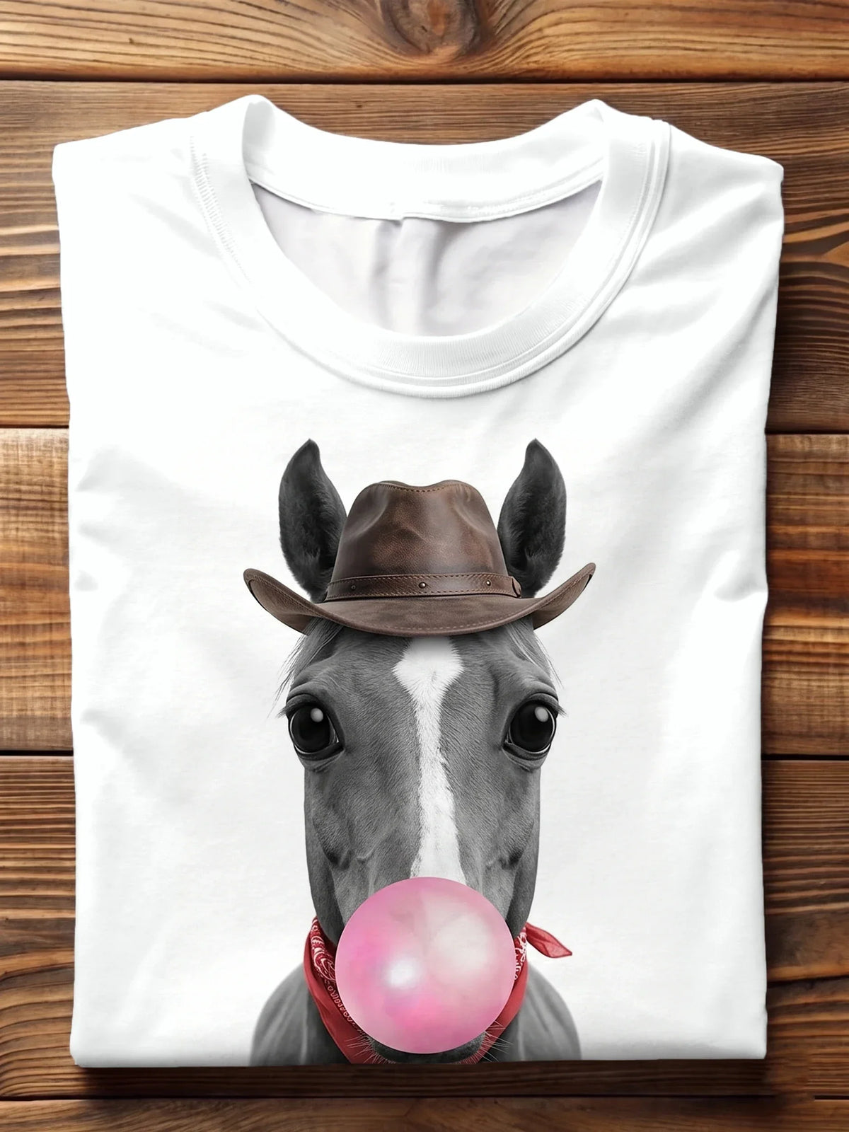 Western Cowboy Horse Blowing Pink Bubble Gum Crew Neck T-shirt