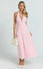 Beata Midi Dress - Plunge Halter A Line Dress in Pink