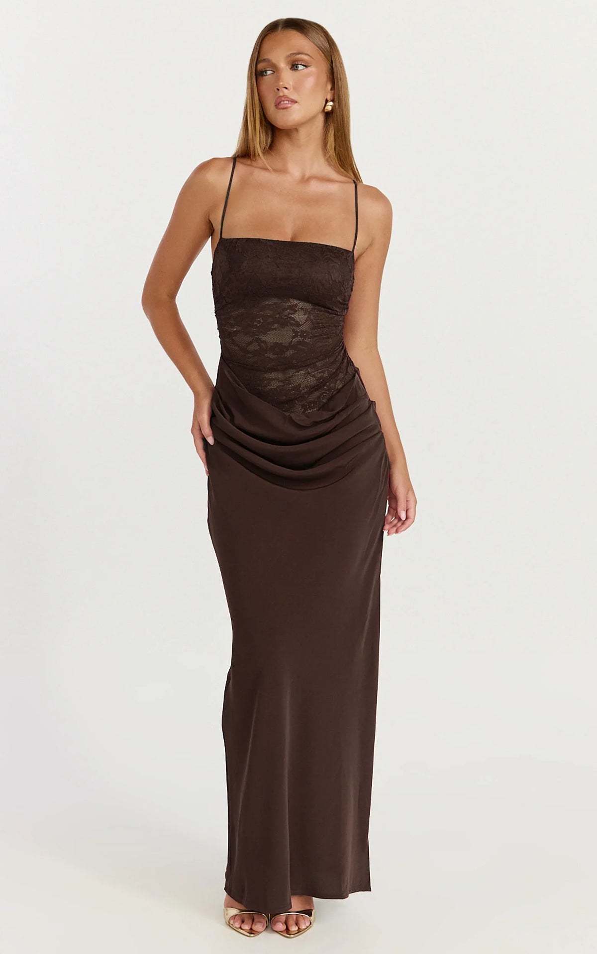 Contrast Lace Bodice Bias Cowl Drop Waist Dress in Chocolate