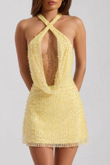 Embellished Cowl Neck Backless Mini Dress in Yellow