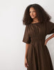 Threadbare cotton poplin short sleeve midi dress in chocolate brown