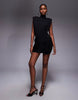 Ruched & Ready sculpting high neck padded shoulder detail extreme draped front mini dress in black