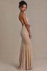 Embellished Plunge Neck Open Back Gown in Beige Gold