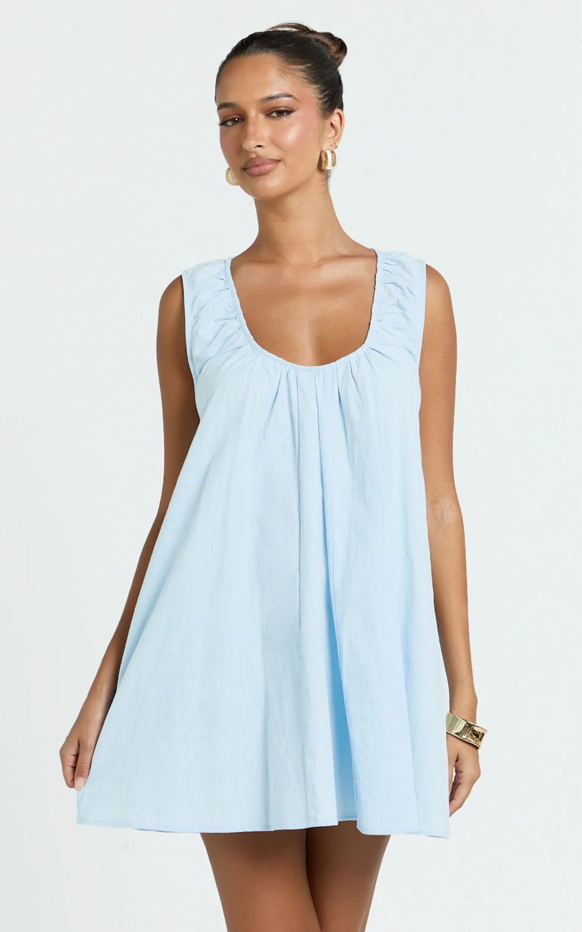 Lucinda Mini Dress - Deep U Gathered Neck Smock Dress in Pale Blue