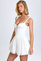 Pintucked Lace Up Corset Mini Dress in White