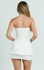 Monroe Two Piece Set - Strapless Button Down Longline Vest Top and High Waisted Mini Skirt in White