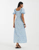 Vero Moda puff sleeve tie front detail maxi dress in blue floral print