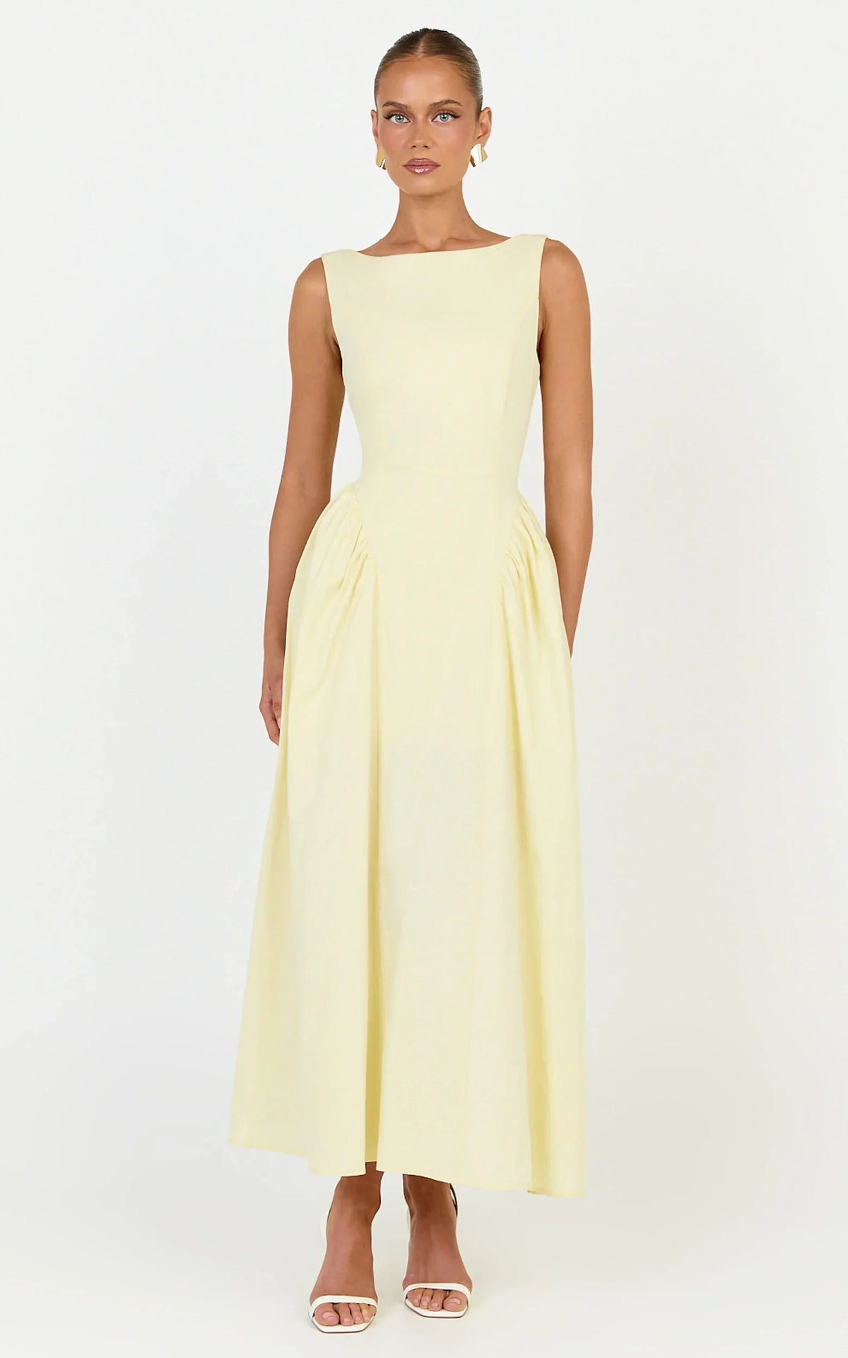 Casina Midi Dress - Boat Neck Tie Back Fit And Flare Dress in Yellow
