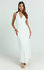 Roseville Midi - Wrap Front Halter Dress with Hardware Detail in White
