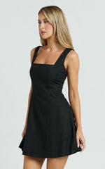 Linen Square Neck Shirred Back A Line Dress in Black