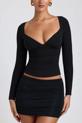 Modal Ruched Long Sleeve Top in Black