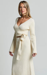 Andreia Midi Dress - Knitted Wrap Long Sleeve Dress in Cream