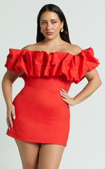 Coraline Mini Dress - Ruffle Off Shoulder Fitted Dress in Red