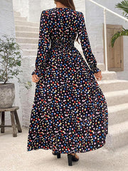 Loose Puff Sleeves Elasticity Floral Printed Split-Joint V-Neck Maxi Dresses