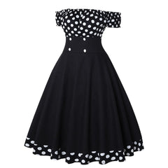 JuliaFashion - Elegant Vintage Hepburn Women Black Red Off Shoulder Sleeveless A-Line Female Retro Rockabilly 50s Polka Dot Dress