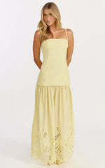 Everly Maxi Dress - Straight Neck Broderie Cut Out Hem Dress in Lemon