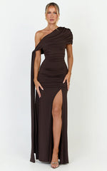 Bree Maxi Dress - Cape Tie Off Shoulder Fit And Flare Dress in Chocolate