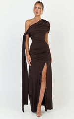 Bree Maxi Dress - Cape Tie Off Shoulder Fit And Flare Dress in Chocolate