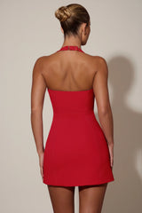 Heart Detail Halterneck A Line Mini Dress in Red