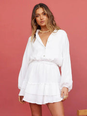 Shirt Dresses Ecru White V-Neck Long Sleeves Layered Mini Dresses