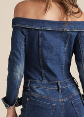 Off The Shoulder Denim Jumpsuit Dark Wash