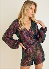 Wrap Sequin Romper Black Multi
