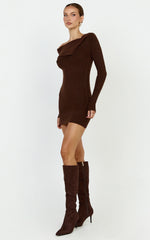 Tess Mini Dress - Asymmetric Off Shoulder Long Sleeve Knit Dress in Chocolate