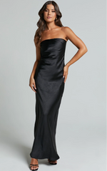 Strapless Cowl Back Satin Dress in Black