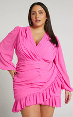 Can I Be Your Honey Mini Dress - Plunge Balloon Sleeve Dress in Hot Pink