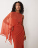 draped batwing asymmetric one sleeve maxi dress in orange