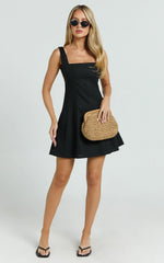 Linen Square Neck Shirred Back A Line Dress in Black