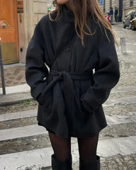 Fashion High Neck With Belt Woolen Overcoats