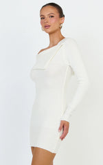 Tess Mini Dress - Asymmetric Off Shoulder Long Sleeve Knit Dress in Cream