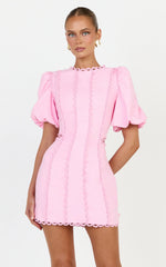 Laila Mini Linen Blend Dress - High Neck Side Cut Out Puff Sleeve Straight Dress in Pink