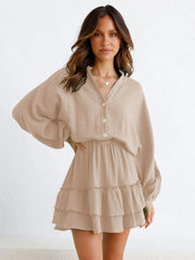Shirt Dresses Ecru White V-Neck Long Sleeves Layered Mini Dresses