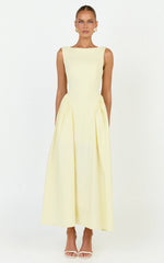 Casina Midi Dress - Boat Neck Tie Back Fit And Flare Dress in Yellow