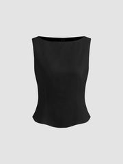 Woven Boat Neck Solid Tank Top & Mid Rise Midi Skirt