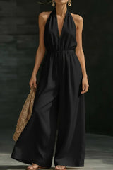Solid Color V-neck Sleeveless Backless Casual Pocket Loose Wide-leg Jumpsuit