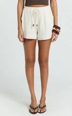 Ruby Short - Beaded Drawstring Relaxed Linen Shorts in Natural