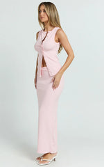 Brittany Two Piece Top and Skirt Set - Ribbed Midi Skirt Set in Pale Pink
